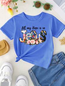 Girls' Round Neck T-Shirt With Letter And Flower Print "All My Hope Is In Jesus", Sweet And Versatile. - Blue - View 2
