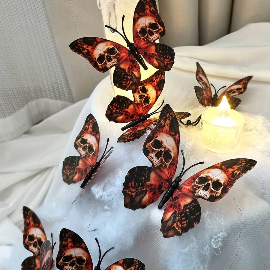 A Set Of 12pcs 3D Skeleton Butterfly Stickers For Halloween Wall Decoration - Multicolor - View 1