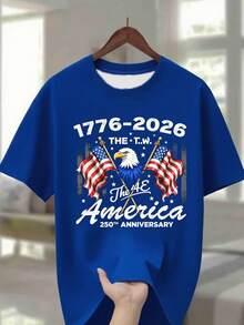 Boys' T-Shirt With American Flag And Bald Eagle For The 250th Anniversary (1776-2026) – 250th Anniversary Of Independence, Loose-Fitting Eagle Print T-Shirt, Gift Idea - 寶藍色 - 查看 2