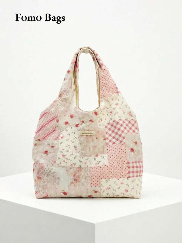 Korean Niche Design Ins Floral Tote Bag Pink Multi-Fabric Patchwork Gentle Ins Texture Large Capacity Shoulder Underarm Tote Bag
