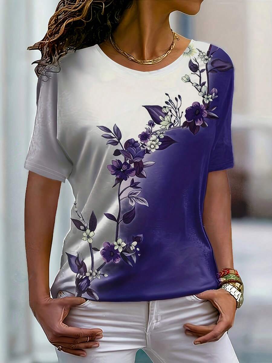New Women's Short-Sleeved T-Shirt, European And American Style, With Round Neck, Floral Print, Color Block Design, Slim And Casual Fit. - 紫色 - 查看 1