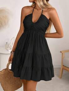 Women's Halter V-Neck Mini Dress, Ruched And Layered, Sleeveless, Ideal For Beach Vacations, Casual Daily Wear And Outdoor Picnic Outfits. - 黑色 - 查看 4
