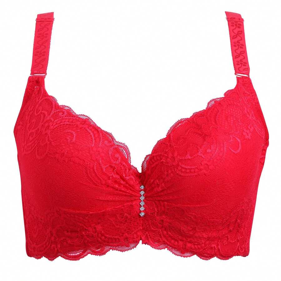 Sujetador sexy de encaje ajustable de talla grande con aros, push-up, estilo fino para mujer. - Rojo - Ver 1