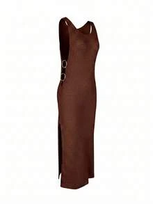 Women's Summer 2026 New Bohemian Sexy Hollow Out Casual Sheer Sleeveless Slim Fit Flattering Backless Design Long Dress Vacation Beach - Chocolate Brown - View 7