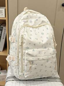 新款青少年女孩後背包 時尚花卉款 多功能大容量學生包 可愛大學校園書包 - 藍花 - 查看 4