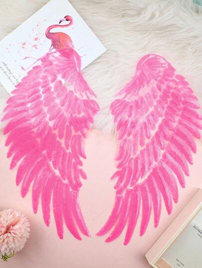 2pcs Pink Sequin Wing Applique, Angel Feather Embroidery Patch, Clothing Bag DIY Decorative Accessories
