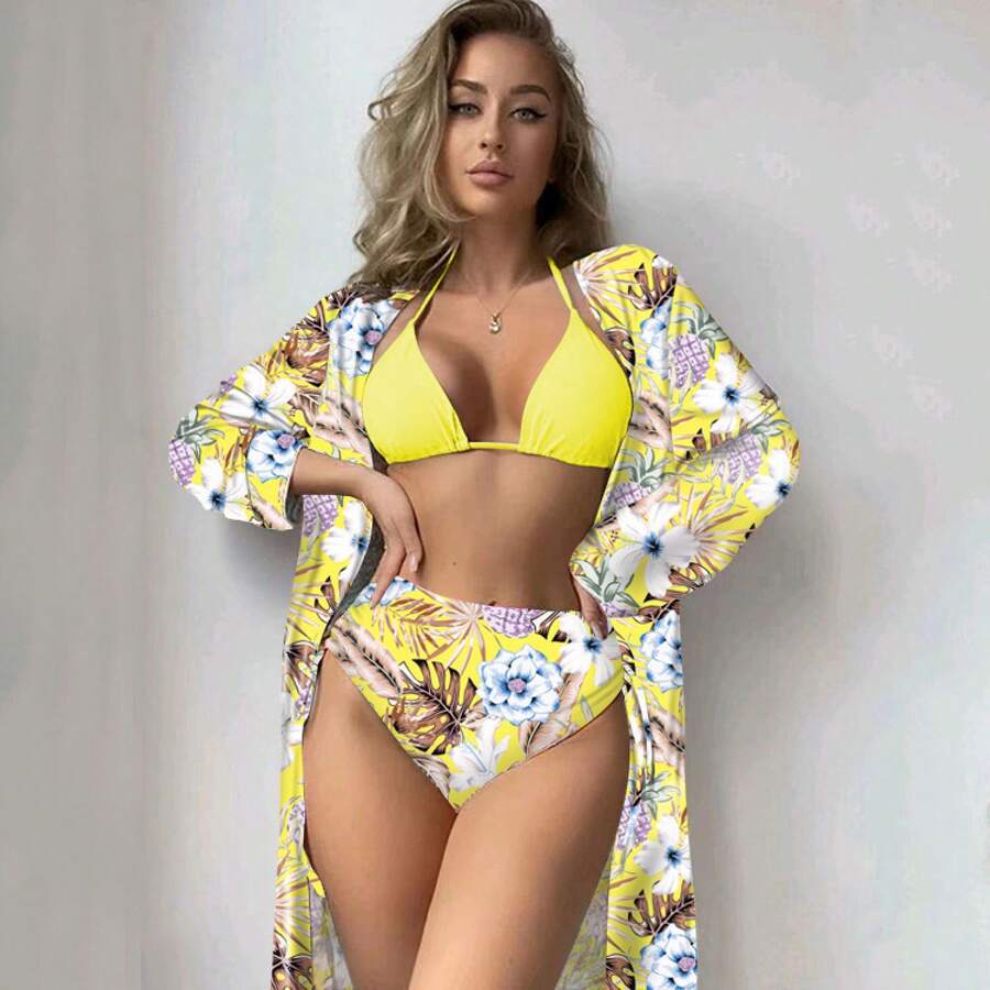 Conjunto de Baño 3 Piezas Estampado Tropical Flores y Piñas, Bikini Halter Negro Liso, Braguita Alta Cintura + Kimono Largo Estampado para Playa y Piscina - Amarillo - Ver 1