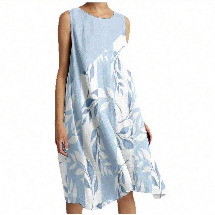 Women's Sleeveless, Printed, Loose-Fitting Casual Mini Dress (Holiday Style) - Putih - View 1