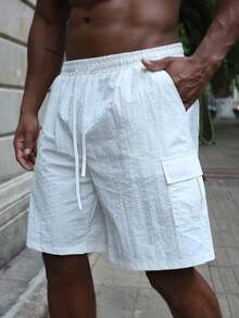 Men's Plain Color Summer Casual Shorts With Pockets - White - View 3