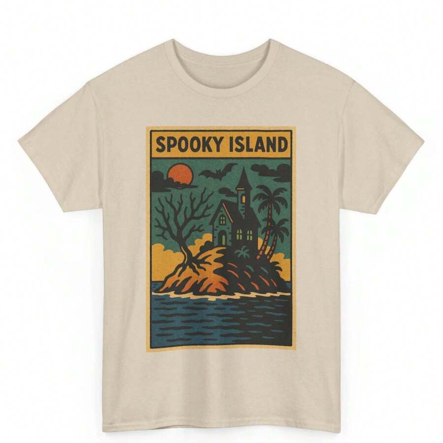 Camiseta Spooky Island: Estilo Retro de Cómic, Camiseta de Isla Encantada - Unisex para Uso Diario de Hombres y Mujeres. Bonita camiseta blanca de verano, ropa, ropa casual, camisetas cómoda - Albaricoque - Ver 1