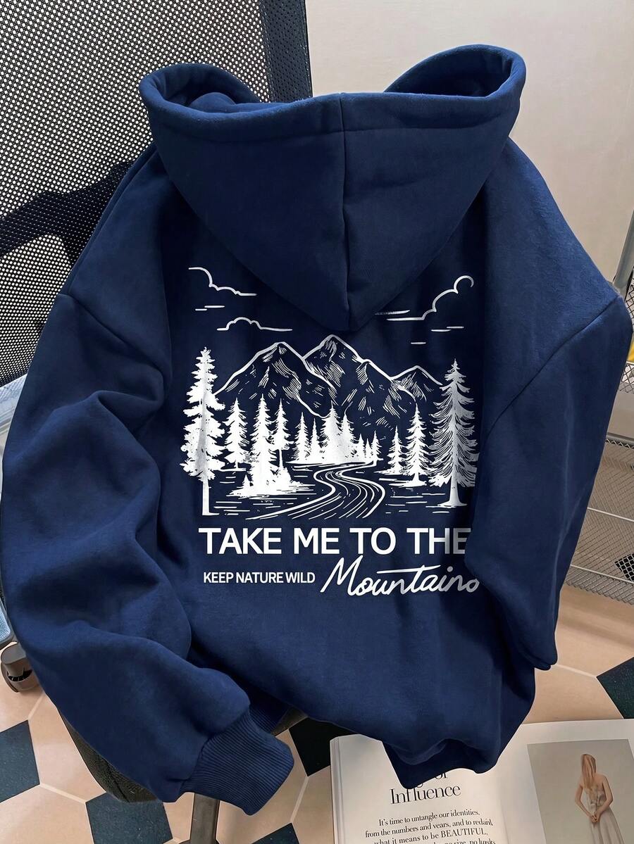 Women's Navy Blue Thermal Lined Hooded Sweatshirt With Forest & Mountain Graphic, Vintage Casual Sweatshirt For Autumn/Winter Fall - Navy Blue - View 1