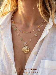 1 Two-Piece Set Of Double-Layer Y-Shaped Necklaces With Colorful Natural Stones In A Bohemian Style, A Versatile Accessory For Everyday Wear And Beach Vacations, With Color Combinations - Multicolor 4 - View 1