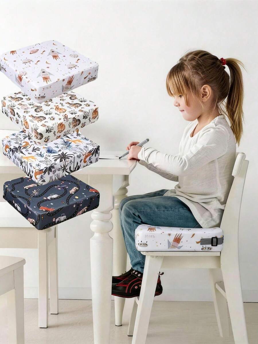 1pc Portable Kids Booster Seat Cushion, Cartoon Print Thick Toddler Dining Booster Seat Pad With Anti-Slip Straps, Soft Thickened Printed Chair Pad, Suitable For Dining And Learning Desk - Multicolor - View 1