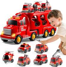 7-In-1 Toy Truck Set For Boys, Kids' Cars With Lights And Sounds, Fire Trucks With Inertia Transport Trucks, 5 Mini Cars And 1 Airplane, Gift Toys For Children 3-10 Years Old - 紅色的 - 查看 1