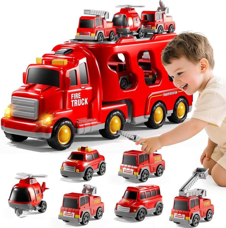 7-In-1 Toy Truck Set For Boys, Kids' Cars With Lights And Sounds, Fire Trucks With Inertia Transport Trucks, 5 Mini Cars And 1 Airplane, Gift Toys For Children 3-10 Years Old - 紅色的 - 查看 1