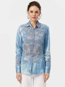 Rich Radi Q's Elegant Women's Long Sleeve Blouse With Contrast Lace And Hollow-Out Details, Blue Regular Hem Shirt Collar Top - Blue - View 10