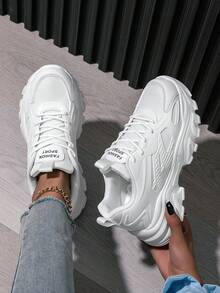Women's Minimalist New Comfortable Lace-Up Thick Sole Casual Running Shoes, Versatile Personalized Outdoor Street Sports Shoes - White - View 3