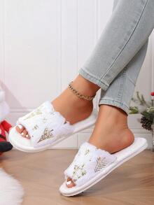Sandal Rumah Wanita Model Terbuka dengan Hiasan Pohon Natal, Sepatu Rumah Slip-On yang Nyaman dan Bernapas untuk Musim Gugur/Dingin, Sepatu Asrama Mahasiswa - Putih - View 3