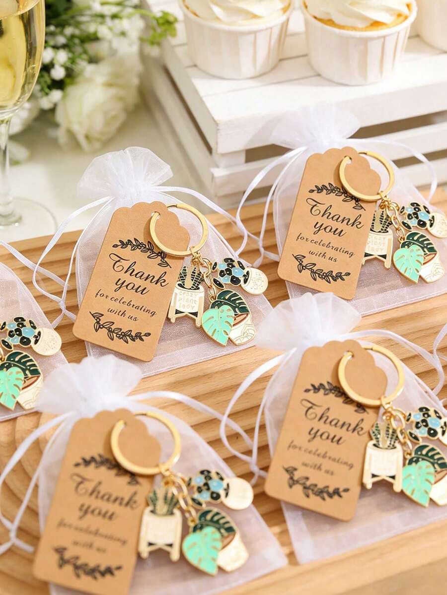 18/9/3pcs Succulent Keychain Guest Favor Gift Set, Includes Keychains, Thank You Cards And Drawstring Bags; Bridal Shower Gift Set, Wedding, Party - Multicolor - View 1