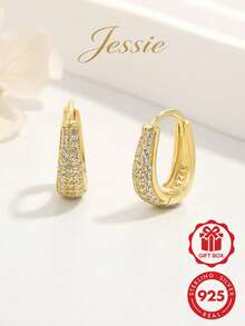 Jessie Jewelry 1對精緻輕盈925純銀半圓小石簇雙環耳環，女性派對與日常配飾禮物 - 金色 - 查看 1