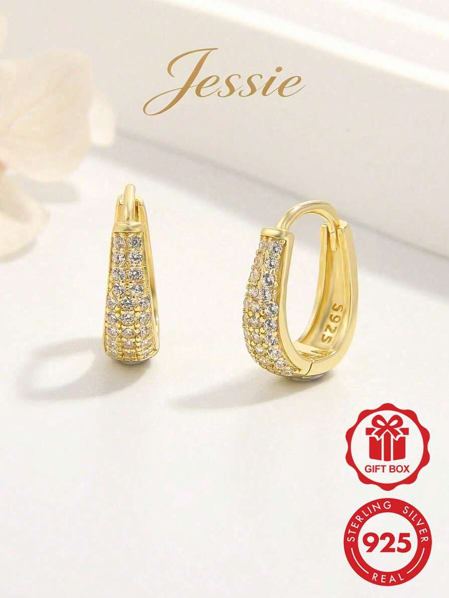 Jessie Jewelry 1對精緻輕盈925純銀半圓小石簇雙環耳環,女性派對與日常配飾禮物 - 金色 - 查看 1