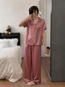 Dreamivo Casual Home Wear Women's Pajama Set Comfortable Minimalist Striped Print Style Suitable For Spring And Summer - Rusty Rose - View 1