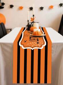 1/100pcs 35*180cm Halloween Orange & Black Theme Table Runner, Cute Spider Ghost Cat Bat Theme Tablecloth Halloween Desktop Decoration, Halloween Theme Party, Kitchen And Home Decor, Indoor And Outdoor Use, Holiday Table Decoration, Halloween Party Supplies. - Multicolor - View 6