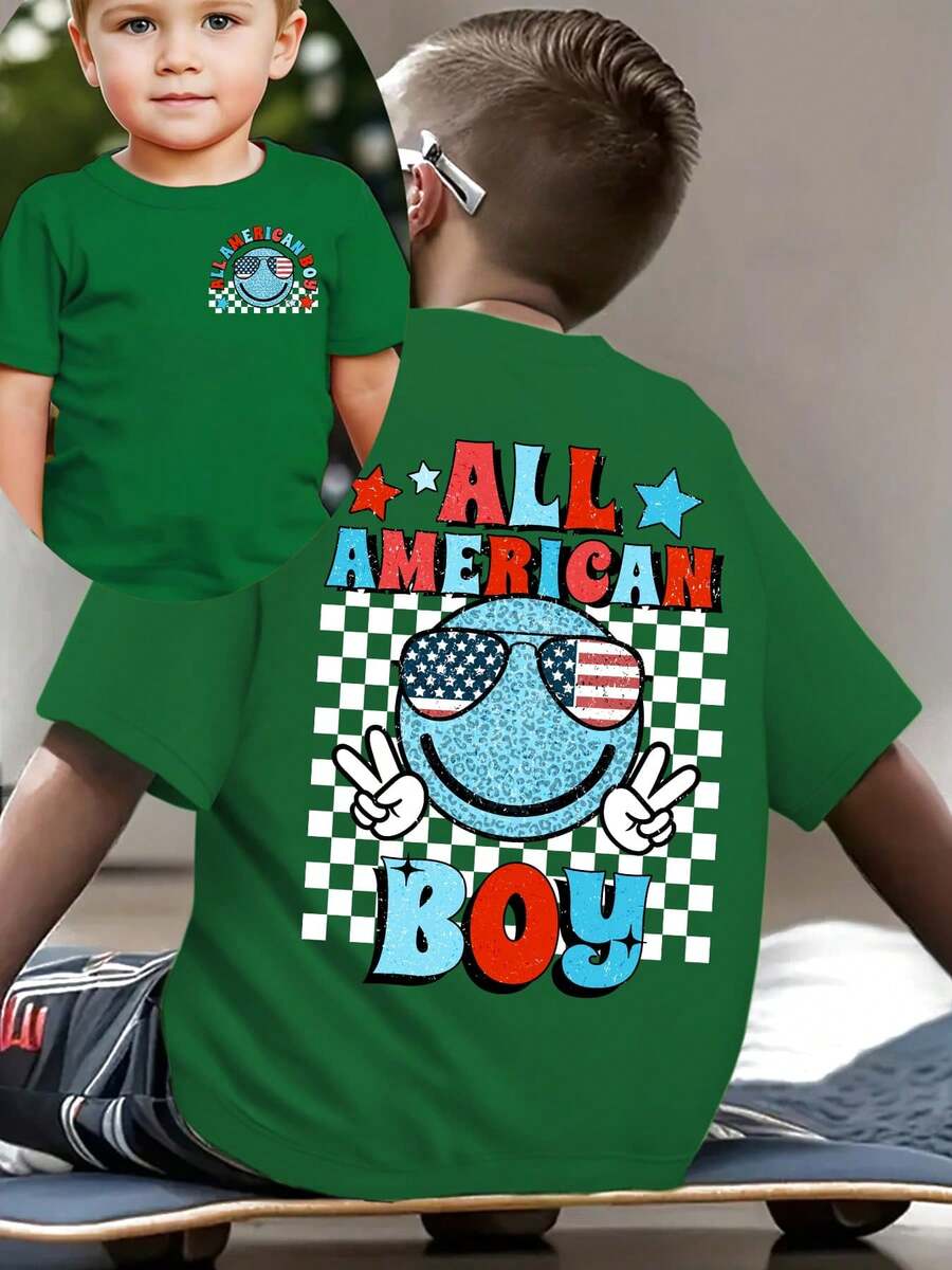 Fashionable Short-Sleeved T-Shirt For Boys 'American Independence Day' 'ALL AMERICA BOY' With Plaid Elements And Double-Sided Cartoon Print, Casual Outdoor Top - 墨綠色 - 查看 1