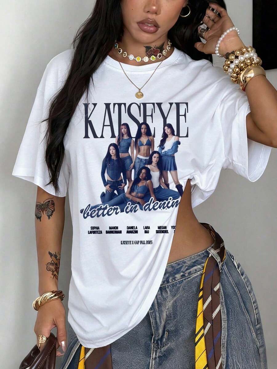Women's T-Shirt, Oversized, T-Shirt With A Pattern Combining A Girl With Cat Eyes, New Spring/Summer Women's Sportswear. - White - View 1