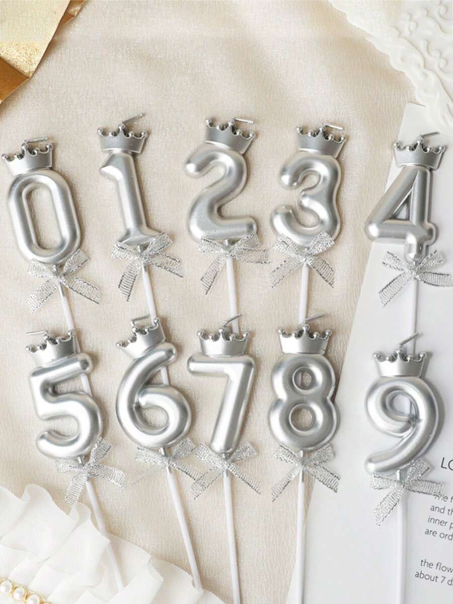3D皇冠蝴蝶結0-9數字蠟燭 生日蛋糕蠟燭 生日派對裝飾蠟燭 - 銀色 - 查看 1