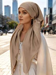 1pc Women's Solid Color Muslim Hijab, Fashionable Minimalist Lightweight, Towel-Style Conservative Hijab - Khaki - View 1