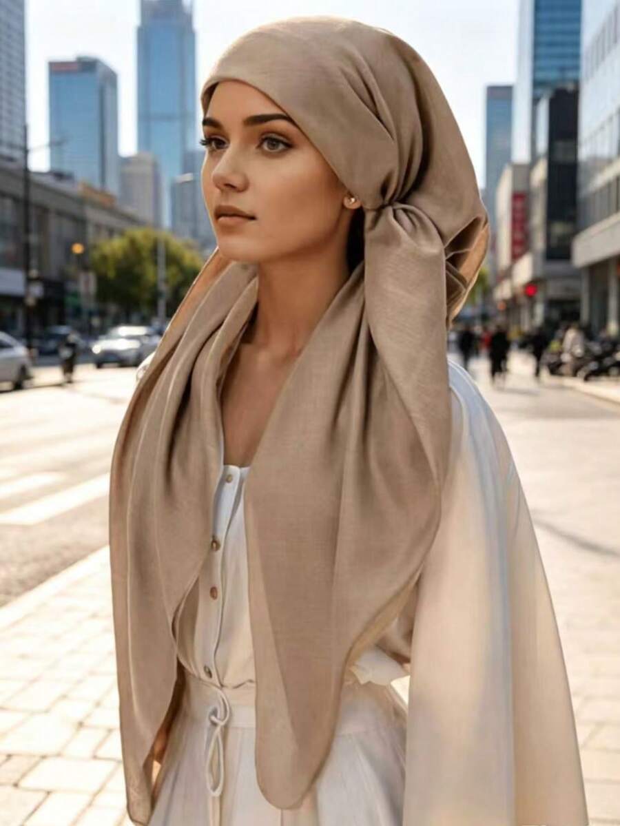 1pc Women's Solid Color Muslim Hijab, Fashionable Minimalist Lightweight, Towel-Style Conservative Hijab - Khaki - View 1