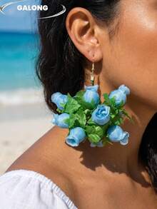 Wear The Ocean On Your Ears | Bohemian Blue Rose Cluster Earrings Handmade Fabric 3D Flowers + Fresh Green Leaves Beach Vacation Style Photo Prop Flattering Stunning Earrings - Blue - View 2