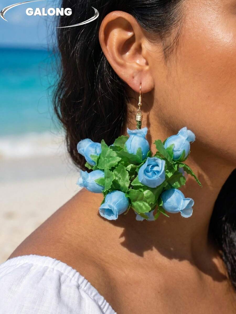 Wear The Ocean On Your Ears | Bohemian Blue Rose Cluster Earrings Handmade Fabric 3D Flowers + Fresh Green Leaves Beach Vacation Style Photo Prop Flattering Stunning Earrings