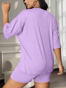 Casual Round Neck T-Shirt & Shorts Set For Home - Mauve Purple - View 3