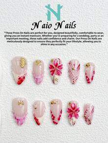 NAIO 10片/組手工穿戴式假指甲，3種尺寸：棺材型/杏仁型/短方型，Y2K浪漫風，粉色水墨暈染美甲，附3D花朵與貝殼設計，金色金屬箔裝飾，適合女性與女孩，日常使用與派對，送給女士的絕佳禮物 - 彩色 - 查看 3