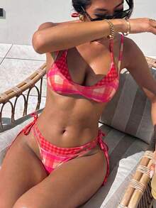 Women's Retro Polka Dot And Striped Bikini Swimsuit, Casual And Fashionable For Vacation, Music Festivals, Cup Races, Kentucky Derby, Summer Beach. - 鮮紅色 - 查看 1