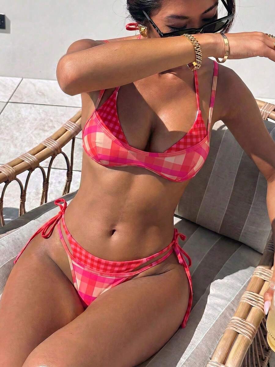 Women's Retro Polka Dot And Striped Bikini Swimsuit, Casual And Fashionable For Vacation, Music Festivals, Cup Races, Kentucky Derby, Summer Beach. - 鮮紅色 - 查看 1