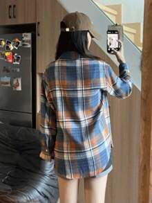 Home Vacation Casual Plaid Shirt Female Students Korean Version Loose Collar Long Sleeve Shirt Thin Jacket Blouse Female Jacket - 白色 - 查看 3