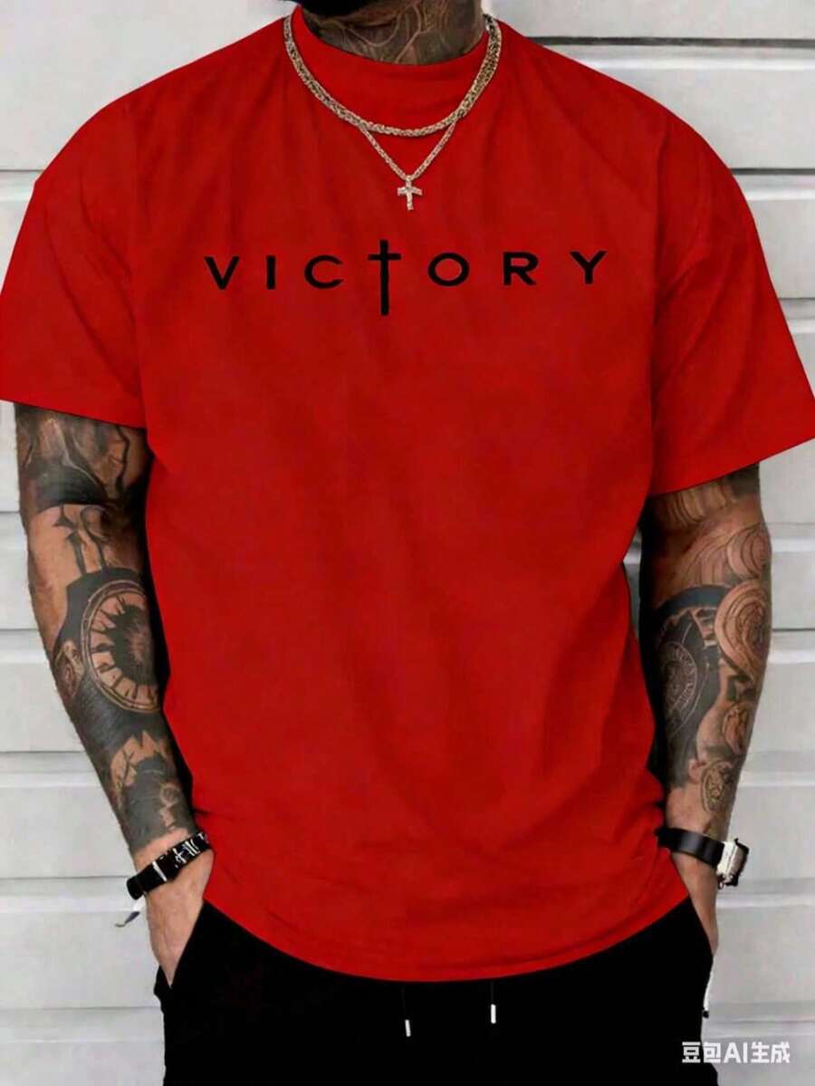 Men's Fashionable Short Sleeve T-Shirt PAYEAH Men's Letter Print T-Shirt, Crew Neck, Short Sleeve, Summer T-Shirts, 100% Comfortable Cotton - 紅色 - 查看 1