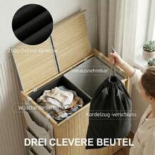 Bamboo Laundry Basket With Removable Drawstring Bag And Side Storage Pockets, 120 L, Natural - Wood Color - View 6