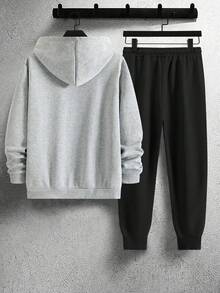 Teen Boy Slogan Print Long Sleeve Warm Hoodie And Pants Casual Set - Grey - View 3