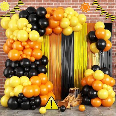 123pcs Architecture-Themed Balloon Arch Set, Includes Orange, Black, And Yellow Latex Balloons. Perfect For Birthday Parties, Baby Showers, First Birthday Celebrations, Outdoor Parties, And Construction Vehicle-Themed Party Decorations.