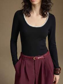 Top elegante de mujer de terciopelo polar con cuello cuadrado, manga larga, ribete festoneado en contraste blanco y negro, ajuste ceñido, camiseta básica para capas en otoño e invierno - Negro - Ver 3