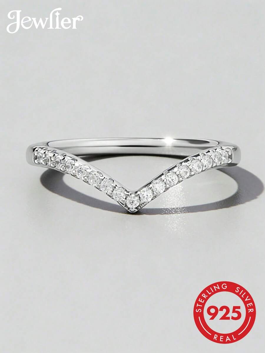 1 pieza Anillo de plata de ley S925 con forma de V y circonita cúbica, regalo de joyería brillante para mujeres, regalo ideal para el Día de San Valentín