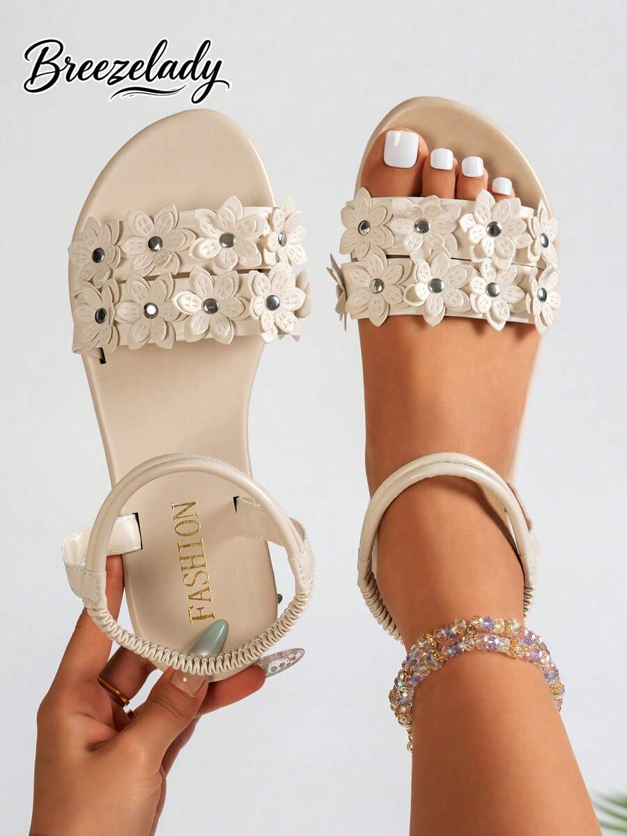 Breezelady Women's Stylish Multi-Flower Sandals, Stitched Petal Detail, Adjustable Ankle Strap, Feminine-Chic Style For Warm-Weather Daily Wear - 米色 - 查看 1