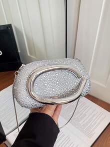 Women's Rhinestone Rounded Rectangular Evening Clutch, Front Curved Oval Handle Handbag, Fashion Crossbody Bag, Suitable For Wedding, Ball, Valentine's Day Party - Silver - View 4