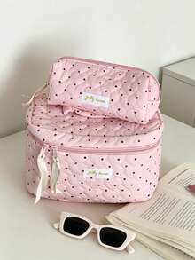 Cute Heart Quilted Pink Polka Dot Makeup Bag Soft Cotton Travel Cosmetic Organizer Bag With Handle, Large Capacity Toiletry Wash Bag Pencil Case - Pink - View 4