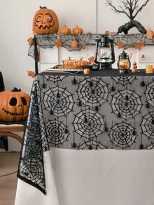 Halloween Black Lace Spider Web Tablecloth, Party Dining Table Decor Hollow Spider Tablecloth, Halloween Party Dining Table Arrangement Decoration Table Runner, Holiday Gathering Dining Table Atmosphere Decoration Supplies, Halloween Home Fireplace Mantel Decoration - Multiple Styles - View 3