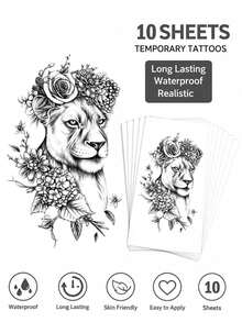 10 piezas/2 piezas Pegatinas de tatuaje desechables realistas de león negro con rosa & hortensia, tatuajes temporales realistas grandes de flores & animales a prueba de agua, pegatinas de decoración corporal sexy para cintura y caderas de mujeres, pegatinas de arte corporal temporal grandes de flores & animales de larga duración - Negro - Ver 2